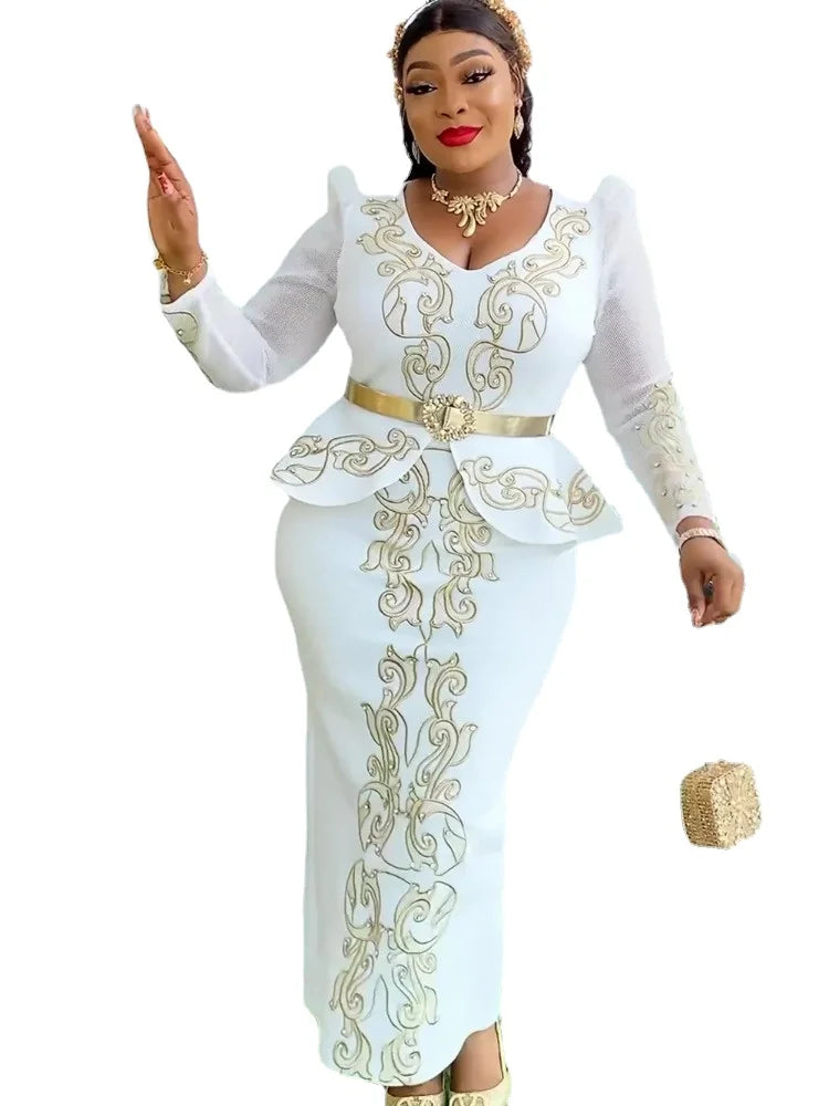 Embroidery Peplum Puff Long Sleeve African Long Dress