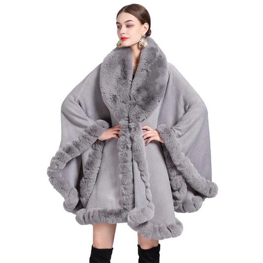 Rabbit Faux Fur Shawl Lady Cashmere Feel Wrap Autumn Winter Solid Color Cloak Classic Luxury Warm Overcoat for Women