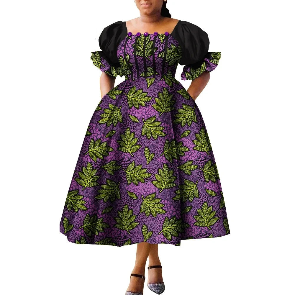 Dashiki Puff Short Sleeve African Midi Dress