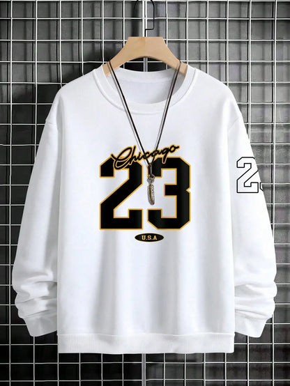 23 USA Art Letter Design Street Style Fleece Sweatshirt Casual Crewneck Pullover Hoodie for Men