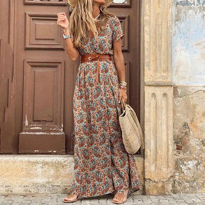 Printed Short Sleeve Maxi Slit Dress