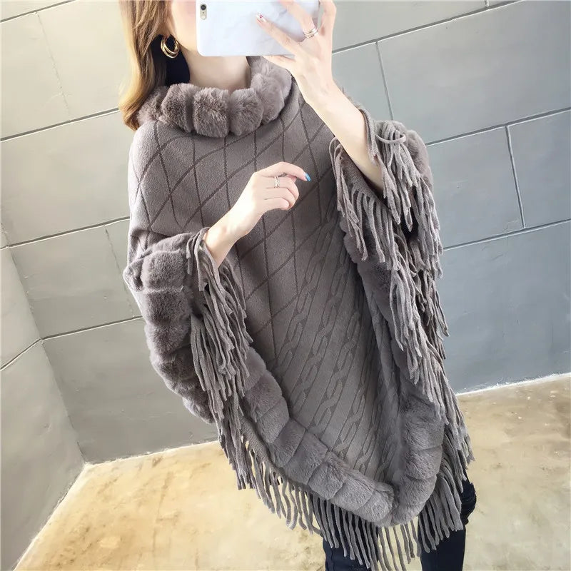 Imitation Rabbit Fur Coat Wool Collar Pullover Shawl Warmth Poncho Capes Cloak for Women