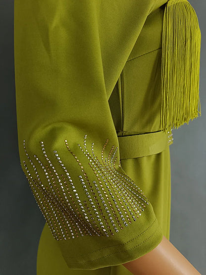 Elegant Bodycon Dress for Women Crystal Mesh Patchwork Crew Neck Sweetheart Tassel Midi Dress Chic Night Out Party Dress