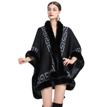 Striped Poncho Cape Cashmere Loose Shawl Cloak Women Faux Rabbit Fur Collar Big Pendulum Coat for Women