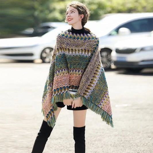 Coat Overlays Winter Warm Mongolian Poncho Ethnic Style Striped Knitting Wraps Polyester Pullover Tassel Shawl for Women