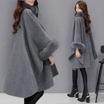 Mid-length Coat Cape Loose-fitting Pure Color Poncho Coat Travel Winter Fake Fur Coat for Women