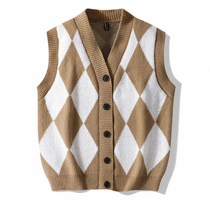 Men's Plaid Sweater Vest Sleeveless V-Neck Button Cardigan Vest Fashion Office Knitted Vest Classic Fit Tank Tops