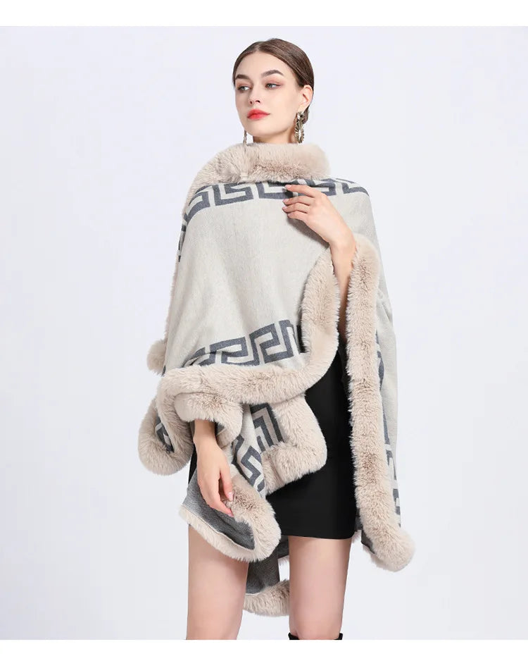 Striped Poncho Cape Cashmere Loose Shawl Cloak Women Faux Rabbit Fur Collar Big Pendulum Coat for Women