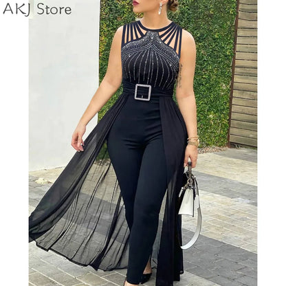 Women's Sexy Round Neck Rhinestone Sheer Mesh Sleeveless Jumpsuit With Belt