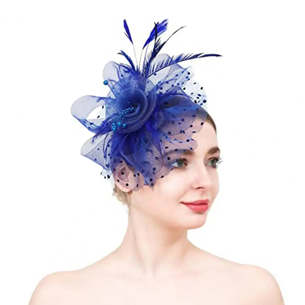 Feather & Mesh Flower Fascinator with Faux Pearls