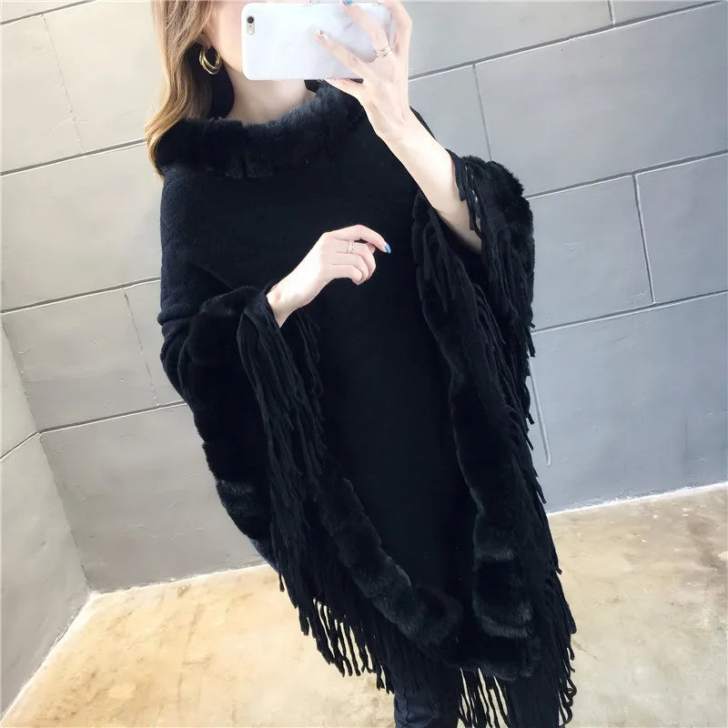 Imitation Rabbit Fur Coat Wool Collar Pullover Shawl Warmth Poncho Capes Cloak for Women