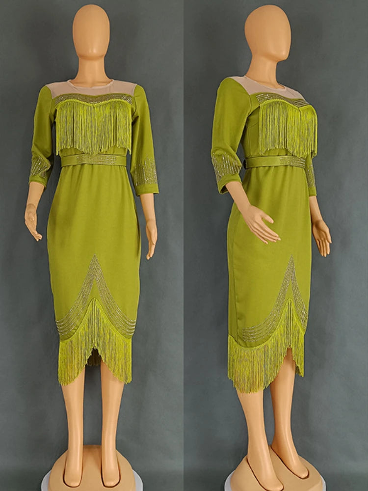 Elegant Bodycon Dress for Women Crystal Mesh Patchwork Crew Neck Sweetheart Tassel Midi Dress Chic Night Out Party Dress