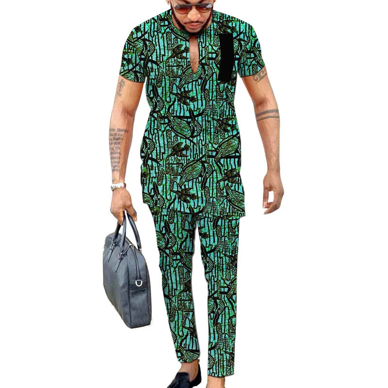 2 pcs Traditional African Dashiki Print Shirt and Pants for men