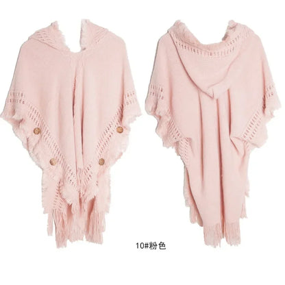 Button Shawl Bohemian Tassel Sweater Knit Sweater Pullover Hooded Cape Spring and Autumn for Women