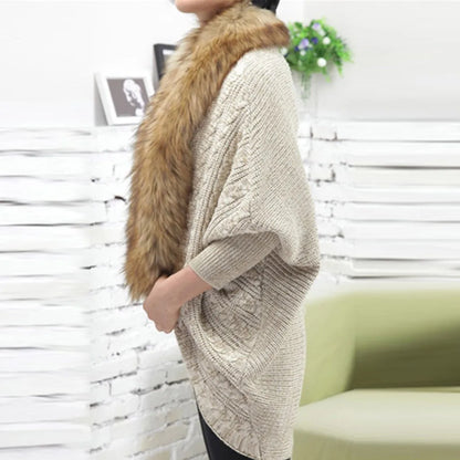 Thick Poncho Capes Autumn Winter Femme Knitted Bat Sleeve Fur Collar Sweater Knitted Cardigan for Women