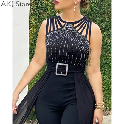 Women's Sexy Round Neck Rhinestone Sheer Mesh Sleeveless Jumpsuit With Belt