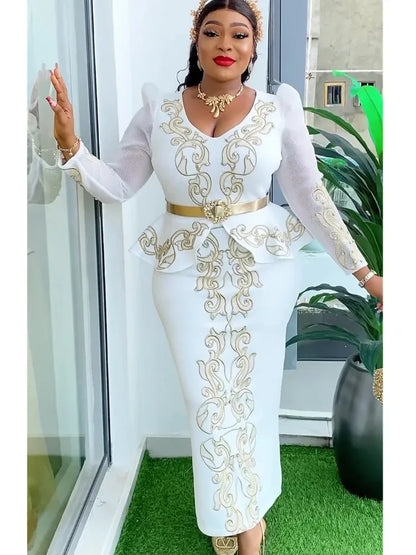 Embroidery Peplum Puff Long Sleeve African Long Dress