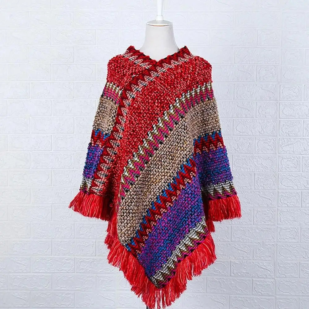 Coat Overlays Winter Warm Mongolian Poncho Ethnic Style Striped Knitting Wraps Polyester Pullover Tassel Shawl for Women