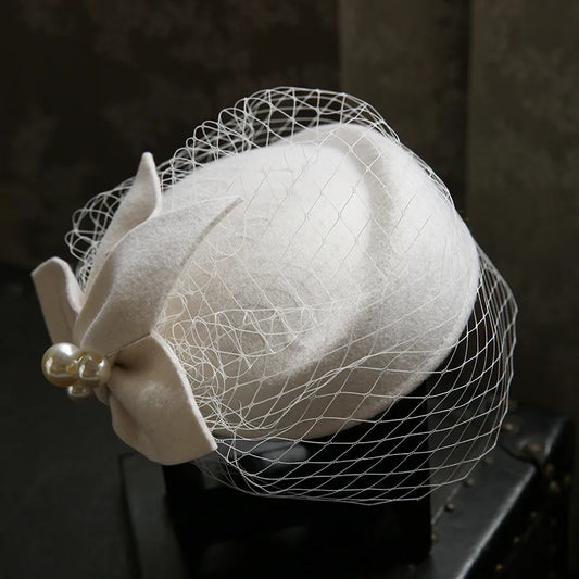 Winter Wool Bow Hat with Veil – Elegant French-Style Fascinator