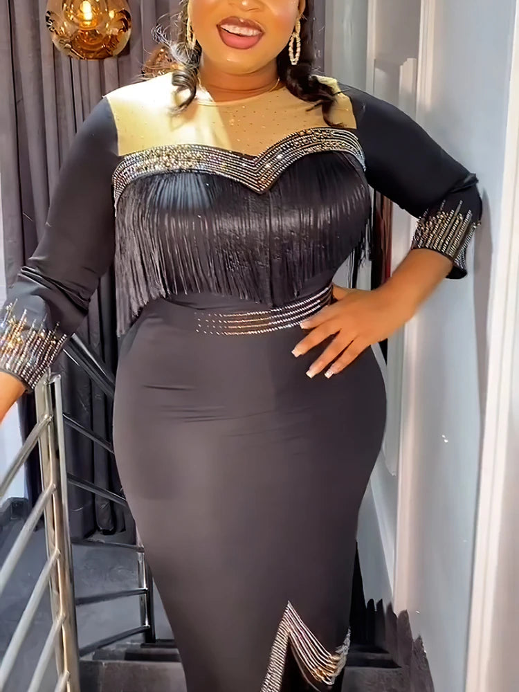 Elegant Bodycon Dress for Women Crystal Mesh Patchwork Crew Neck Sweetheart Tassel Midi Dress Chic Night Out Party Dress