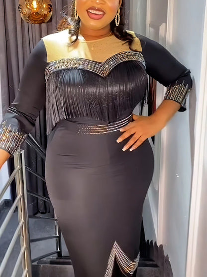 Elegant Bodycon Dress for Women Crystal Mesh Patchwork Crew Neck Sweetheart Tassel Midi Dress Chic Night Out Party Dress