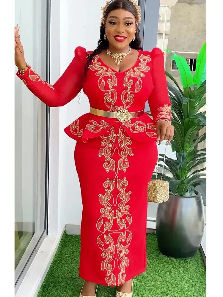 Embroidery Peplum Puff Long Sleeve African Long Dress