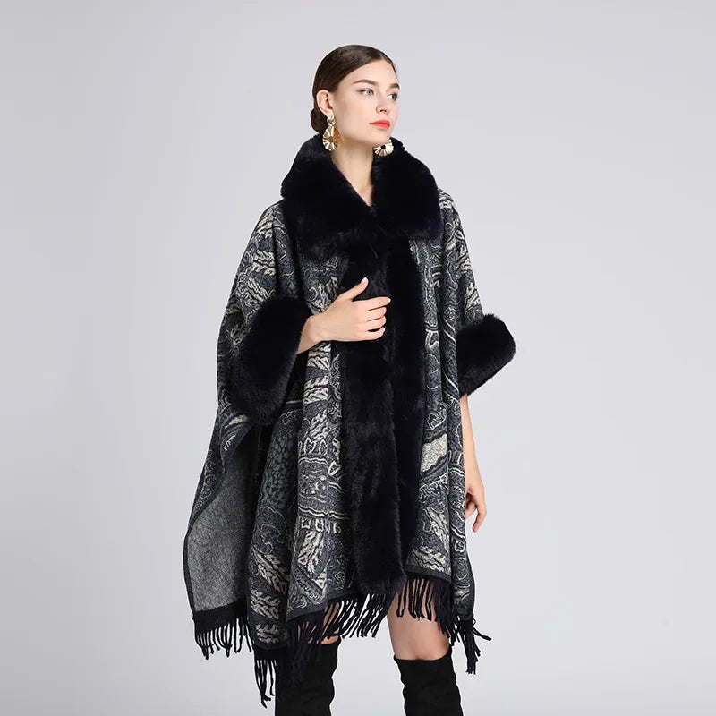 Thick Faux Fur Mantle Big Collar Loose Printed Poncho Pendulum Capes Streetwear Tassel Long Cloak Pocket Overcoat for Women