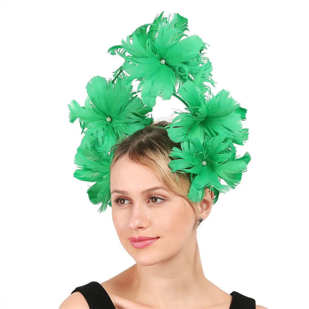 Vintage Feather Flower Top Hat – Green Hair Hoop with Pearls