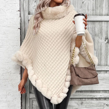 Plaid Stripes Faux Fur Pullover Cape Coat Autumn Winter Knit Poncho Cloak Wrap Shawl for Women