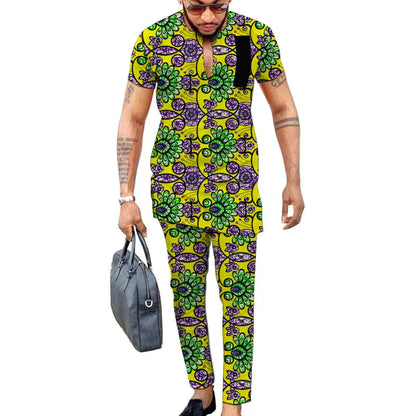 2 pcs Traditional African Dashiki Print Shirt and Pants for men