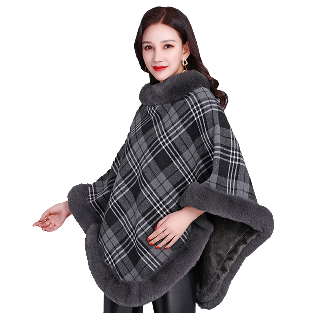 Winter Thick Warm Poncho Faux Rabbit Fur Collar Cape Coat Outerwear Fluffy Plush Wraps Cloak Shawl for Women