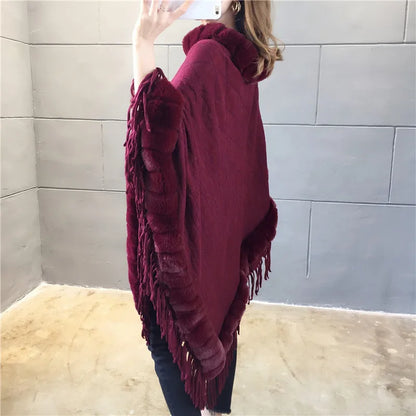 Imitation Rabbit Fur Coat Wool Collar Pullover Shawl Warmth Poncho Capes Cloak for Women