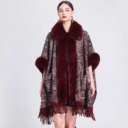 Thick Faux Fur Mantle Big Collar Loose Printed Poncho Pendulum Capes Streetwear Tassel Long Cloak Pocket Overcoat for Women