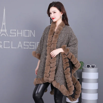 Luxury Faux Fur Coat Rabbit Fur Poncho Shawl Wraps Loose Fluffy Fur Long Cloak Cape for Women