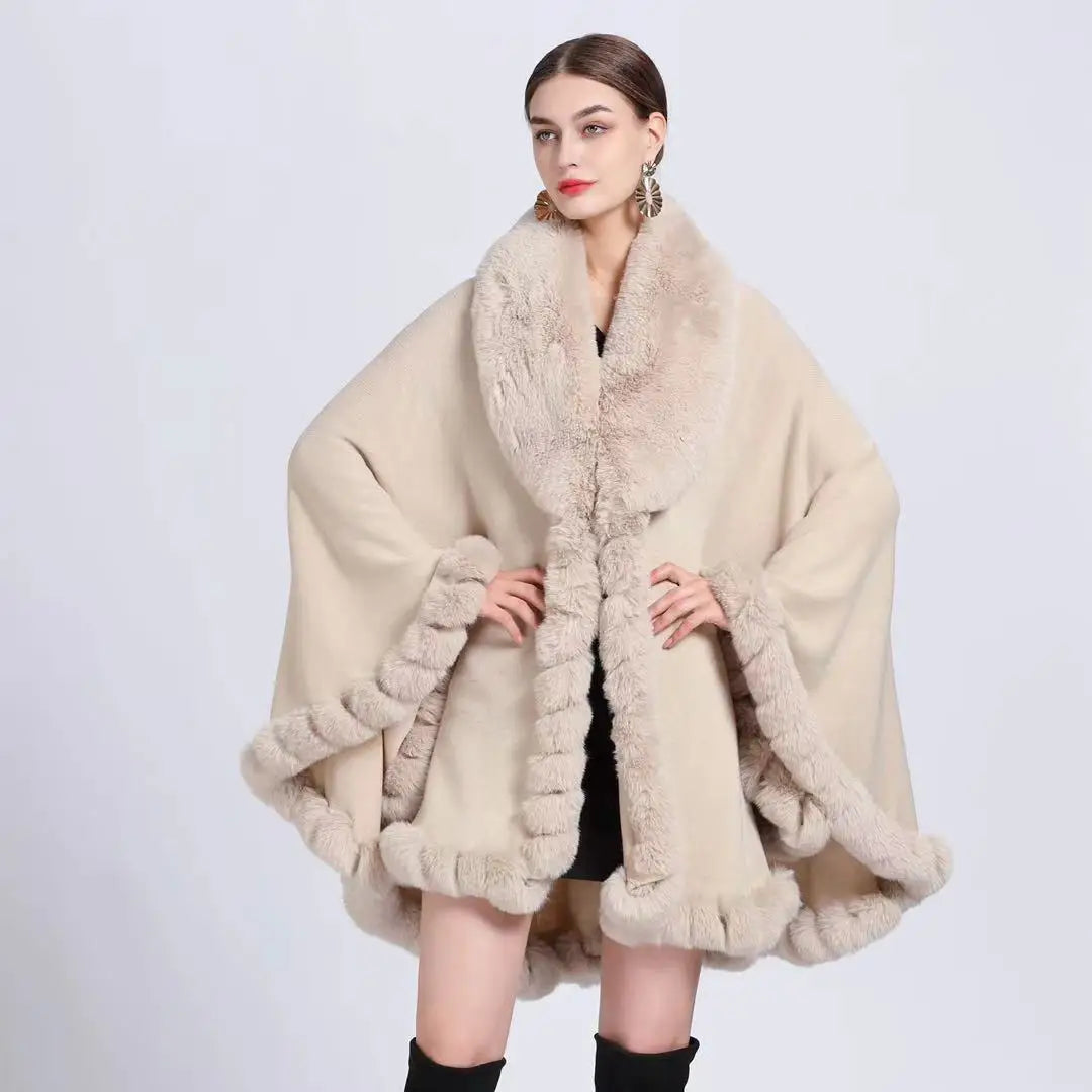 Rabbit Faux Fur Shawl Lady Cashmere Feel Wrap Autumn Winter Solid Color Cloak Classic Luxury Warm Overcoat for Women