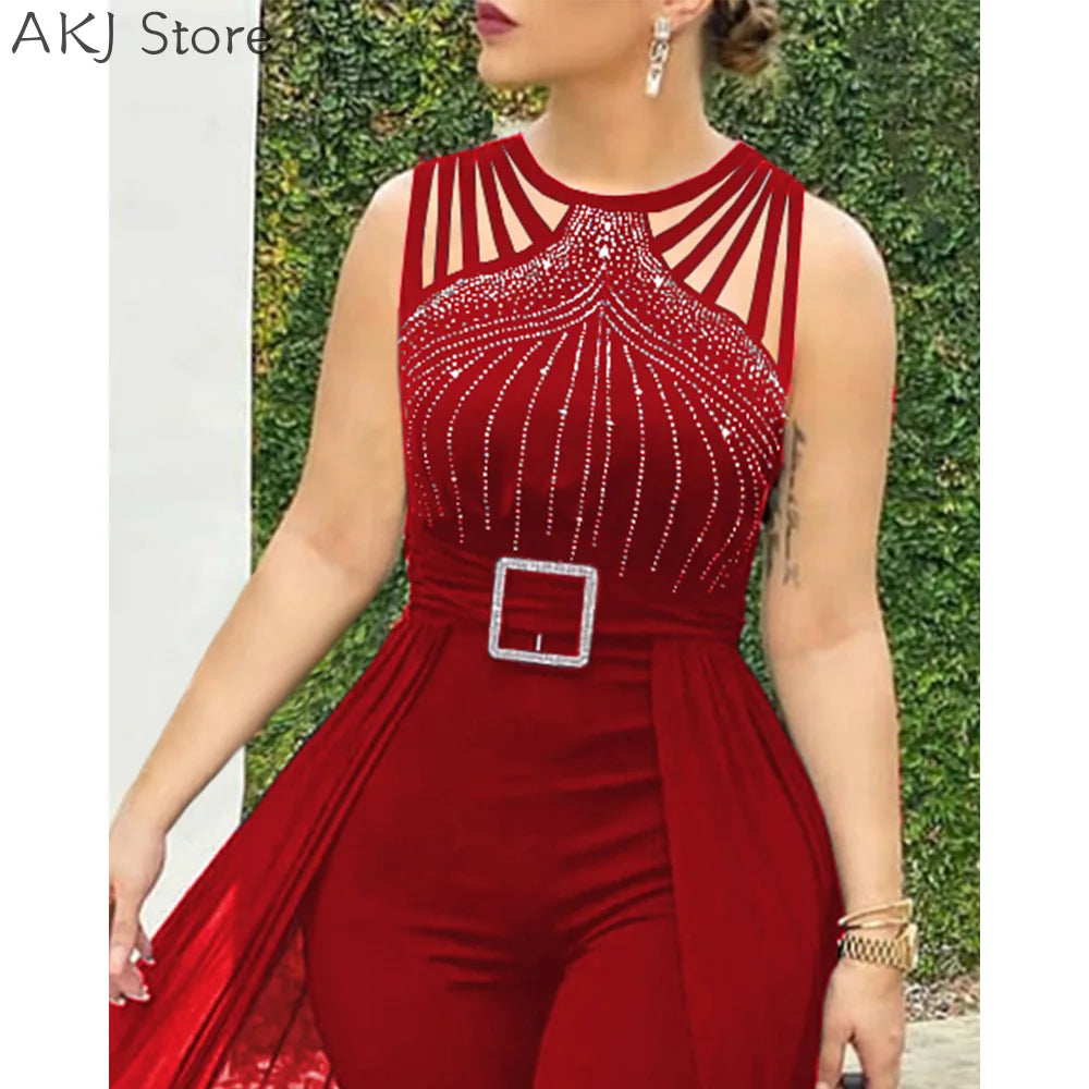 Women's Sexy Round Neck Rhinestone Sheer Mesh Sleeveless Jumpsuit With Belt