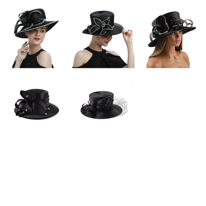 Premium Black Satin Church Hat | Fashion Flower Chain Wedding Top Hat