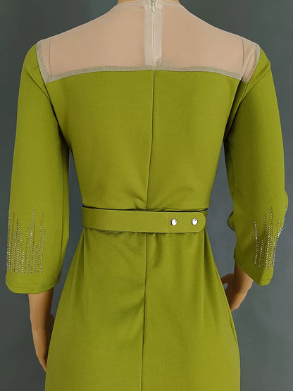 Elegant Bodycon Dress for Women Crystal Mesh Patchwork Crew Neck Sweetheart Tassel Midi Dress Chic Night Out Party Dress