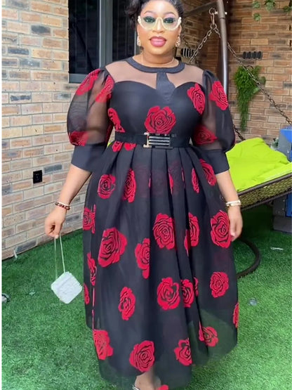 Floral Fashionable Puff Sleeve African Midi Dress