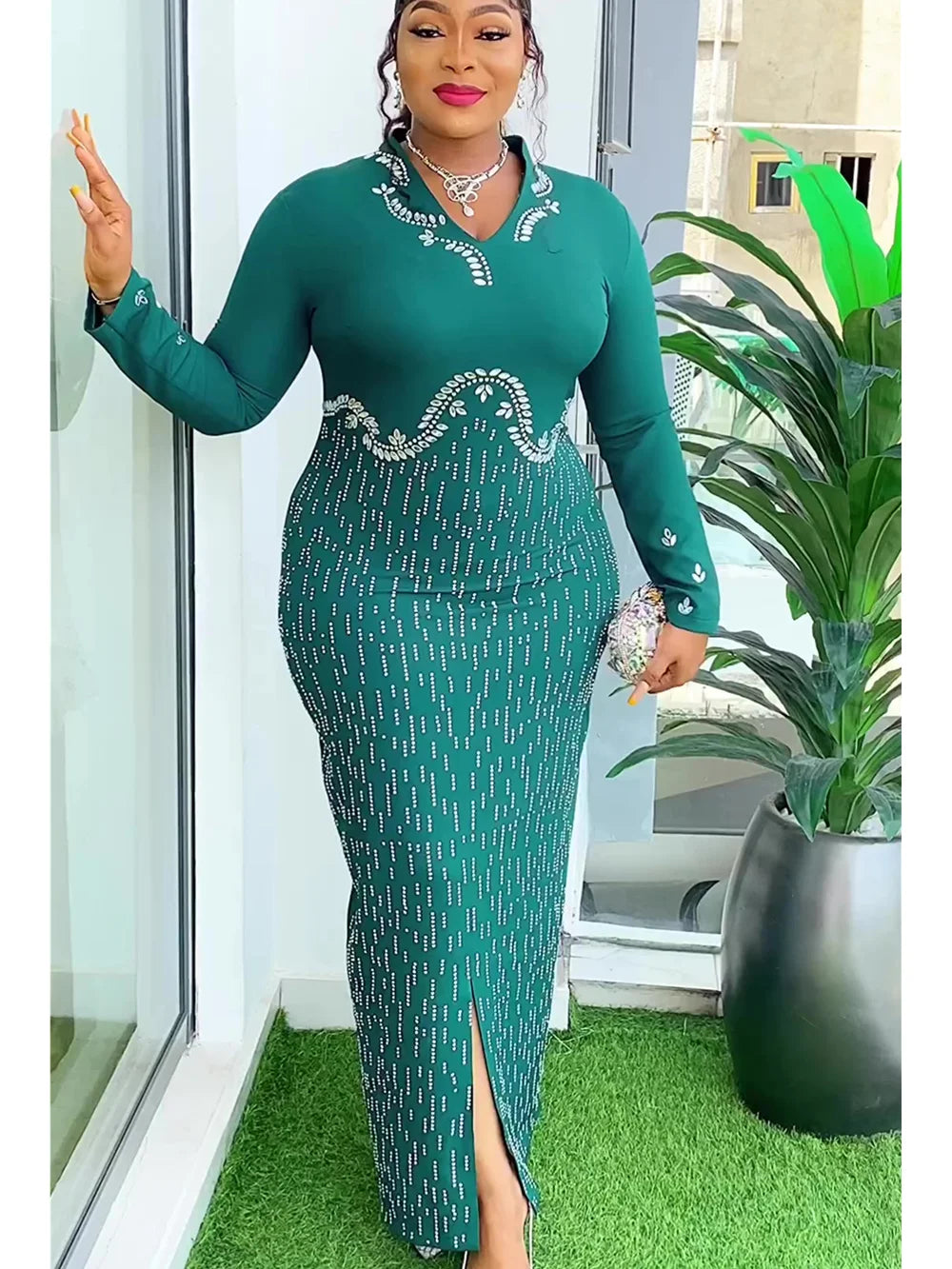 Beaded Long Sleeve Bodycon Slit African Dress