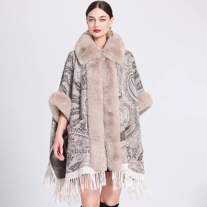 Thick Faux Fur Mantle Big Collar Loose Printed Poncho Pendulum Capes Streetwear Tassel Long Cloak Pocket Overcoat for Women