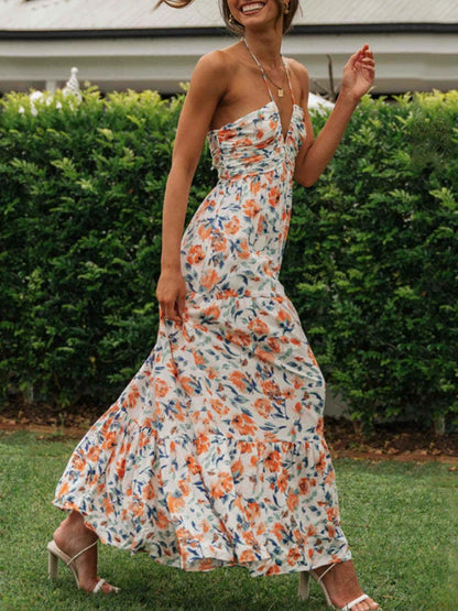 Floral Print Deep V Maxi Dress