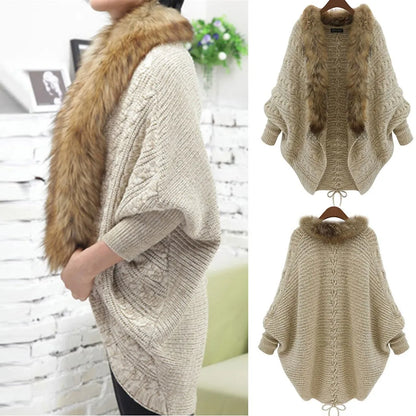 Thick Poncho Capes Autumn Winter Femme Knitted Bat Sleeve Fur Collar Sweater Knitted Cardigan for Women