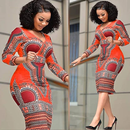 Dashiki Print Long Sleeve Bodycon African Dress