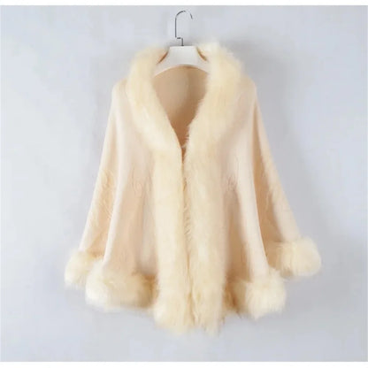 Long Bawting Sleeves Wedding Party Shawl Embossing Floral Poncho Cape Faux Fox Fur Neck Cloak Knitted Coat for Women