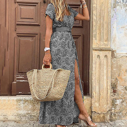 Printed Short Sleeve Maxi Slit Dress