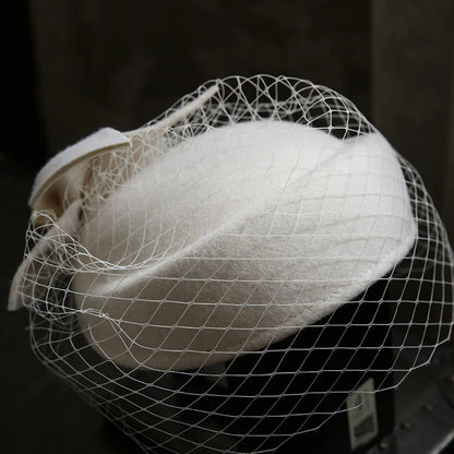 Winter Wool Bow Hat with Veil – Elegant French-Style Fascinator