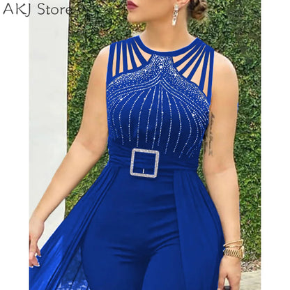 Women's Sexy Round Neck Rhinestone Sheer Mesh Sleeveless Jumpsuit With Belt