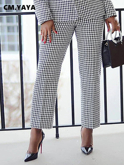 Elegant Houndstooth Blazer Suit and Pants Two 2Piece Set for Women Autumn Winter Classic OL Street Outfit Tracksuit