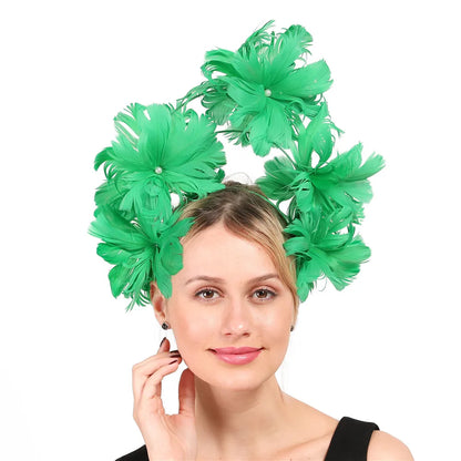 Vintage Feather Flower Top Hat – Green Hair Hoop with Pearls